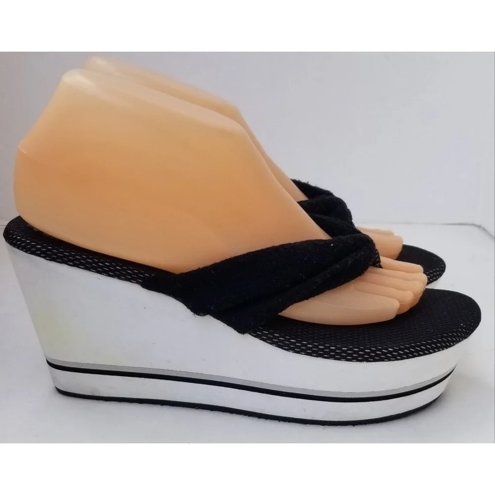 JESSICA SIMPSON Sandals Women 8 Black Wedge Platform Terry Cloth Thong Retro/Y2K